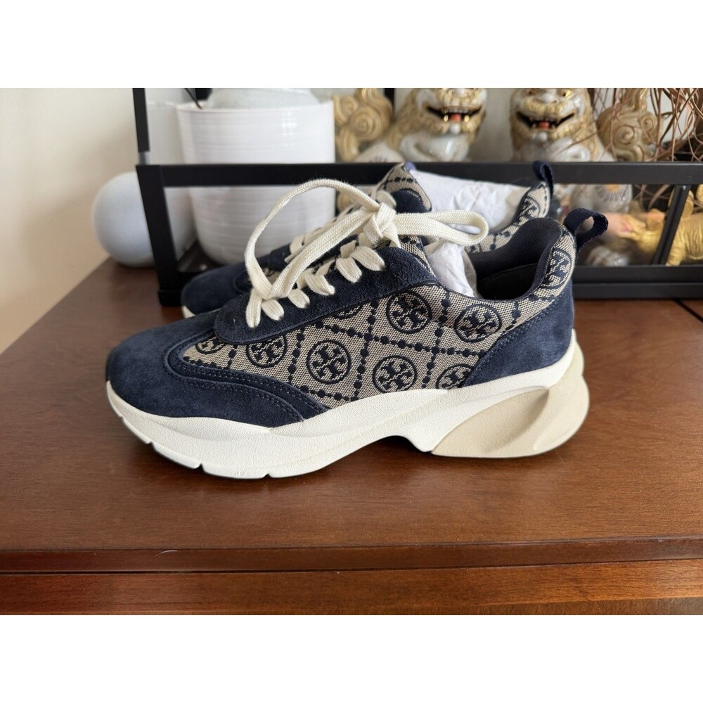 Tory Burch T Monogram Good Luck Trainer Sneakers Navy Size 8.5 #87331 No Box NEW